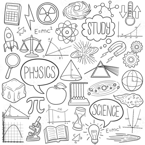 Physics Doodle Icons Black and White Line Art. Science Clipart Hand Drawn Symbol Design.