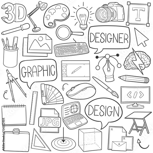 Graphic Designer Doodle Icons Black and White Line Art. Illustrator Clipart Hand Drawn Symbol Design.