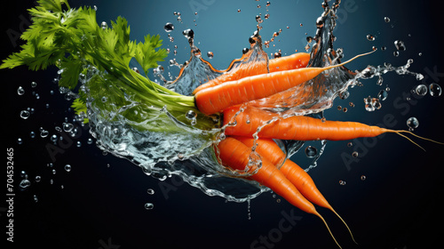 Smooth Fresh organic raw Carrot Vegetables falling into water and splashes created with Generative AI Technology