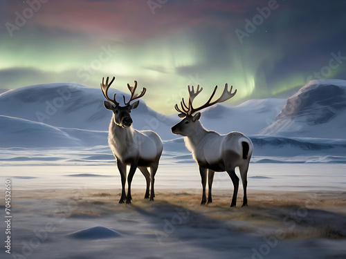 A pair of reindeer standing in a snow covered clearing, their breath visible in the crisp winter