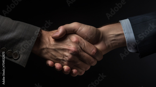 Two confident business people shaking hands during a meeting on a dark background.Generative AI