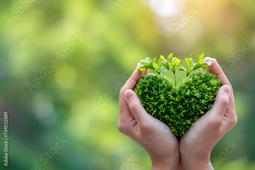 Hands holding green heart shaped plant. World Environment Day.