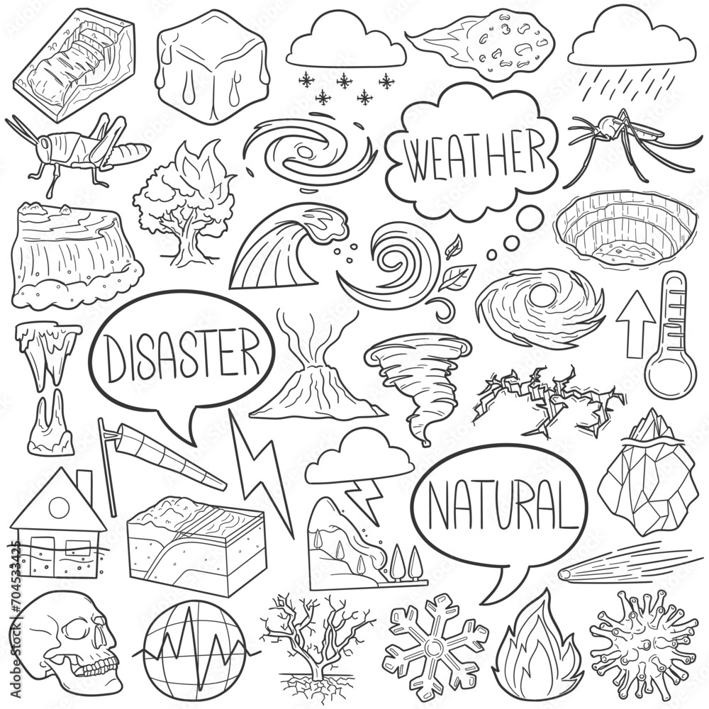Natural Disaster Doodle Icons Black and White Line Art. Weather Clipart Hand Drawn Symbol Design.