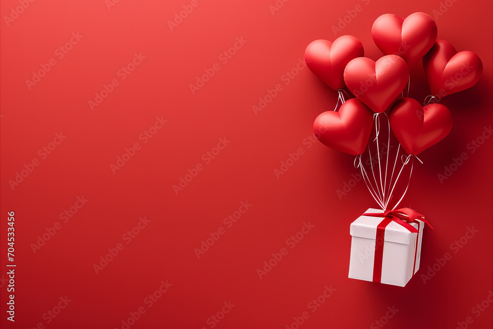 Romantic red heart balloons and a gift. Symbol of love and Valentine's day