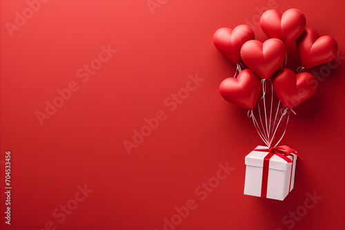 Romantic red heart balloons and a gift. Symbol of love and Valentine's day