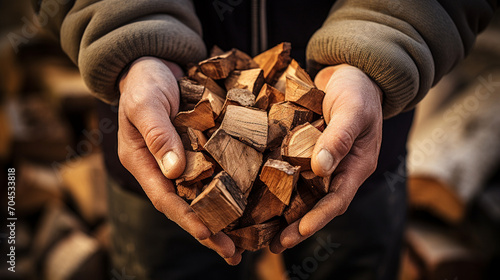 a man holds chopped firewood in his hands close-up.Generative AI photo