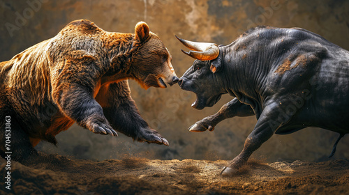 Bear and bull wrestling symbolizing fluctuating markets, AI Generated