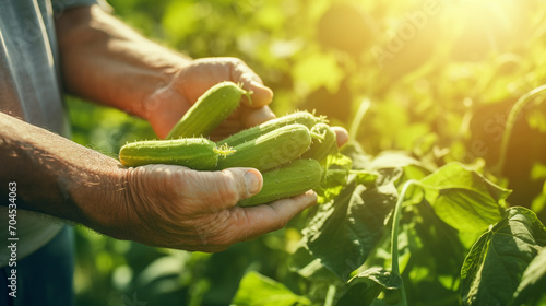 Close-up of hands carefully plucking a ripe cucumber from a bush in a greenhouse.Generative AI photo