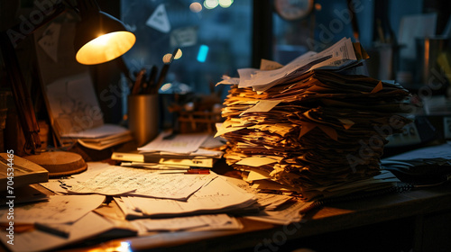 Night view of manager's desk full of paperwork, AI Generated
