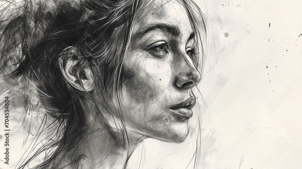 Textured graphite sketch portrait of thoughtful lady, AI Generated
