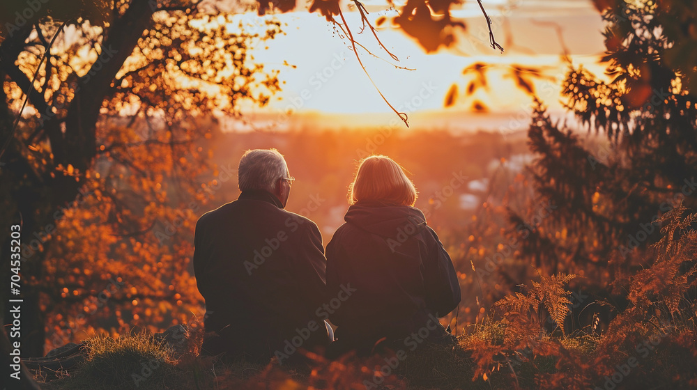 Elderly couple enjoying sunset content with their successful retirement savings, AI Generated