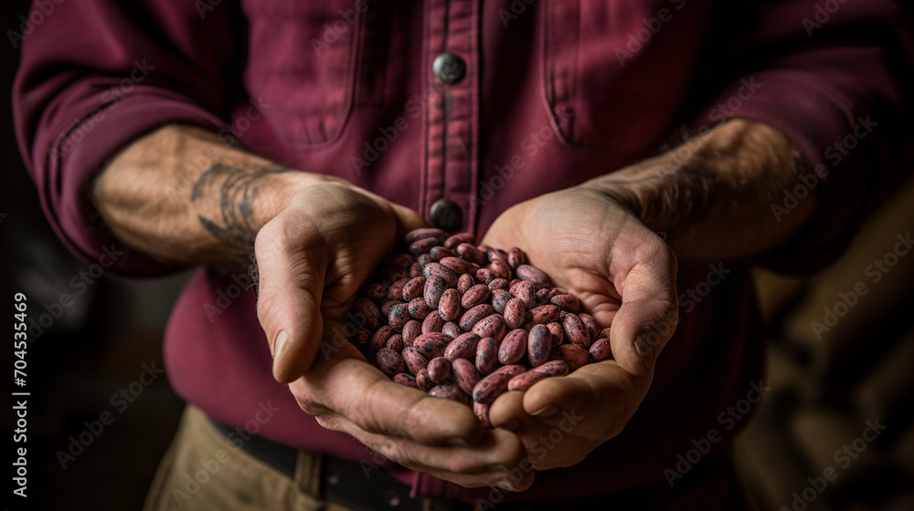 close-up of red beans in hands.Generative AI close-up of red beans in hands.Generative AI