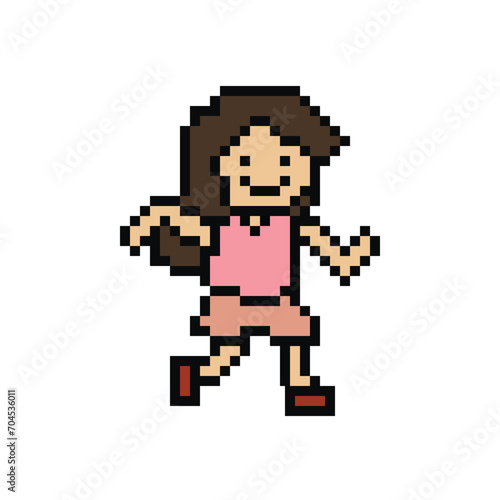 Cute pixel cartoon 8bit character woman run or running lifestyle ventor for decoration life style 8 bit female jog marathon exercise vector.
