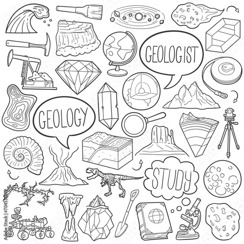 Geology Doodle Icons Black and White Line Art. Science Clipart Hand Drawn Symbol Design. photo