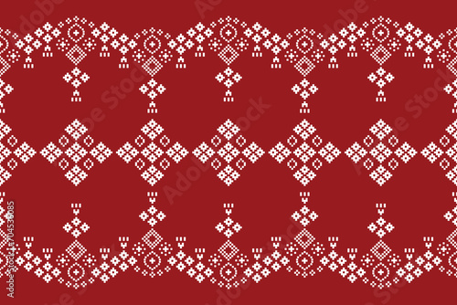 Ethnic geometric fabric pattern Cross Stitch.Ikat embroidery Ethnic oriental Pixel pattern red christmas day background. Abstract,vector,illustration. Texture,frame,decoration,motifs,silk wallpaper.