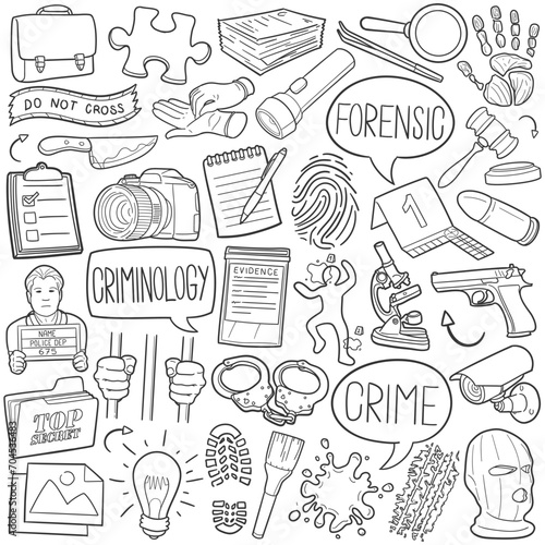Criminology Doodle Icons Black and White Line Art. Crime Clipart Hand Drawn Symbol Design.