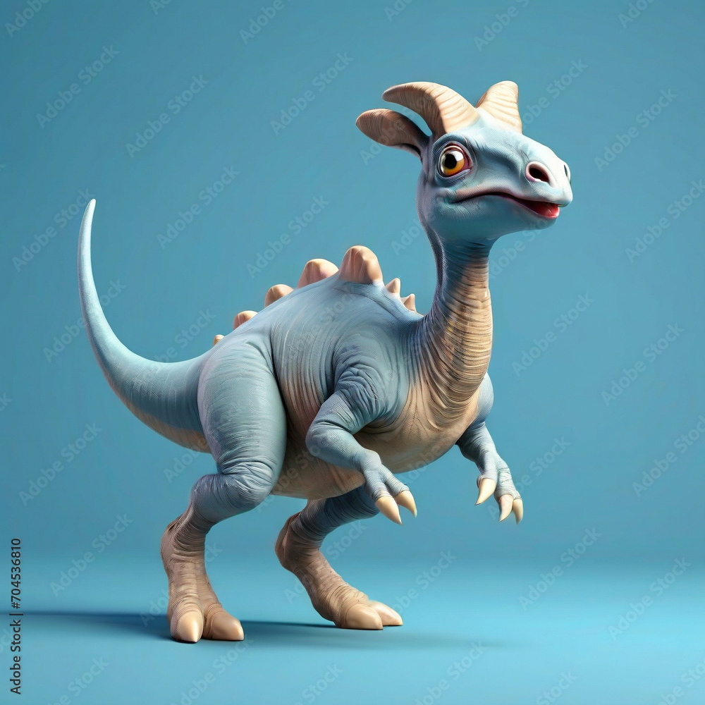 3d render, Cute cartoon style Parasaurolophus fun and runing. Big eyes, isolated blue background. ai generative