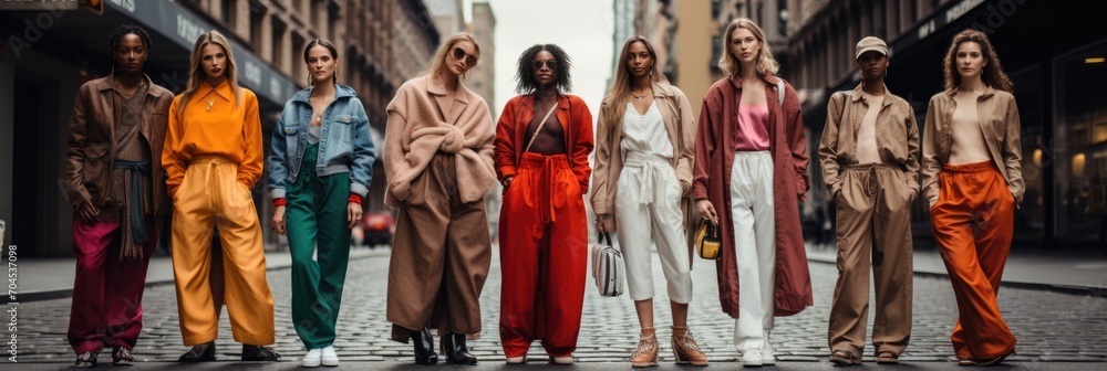Image of a group of models in coordinated street style outfits, urban and trendy