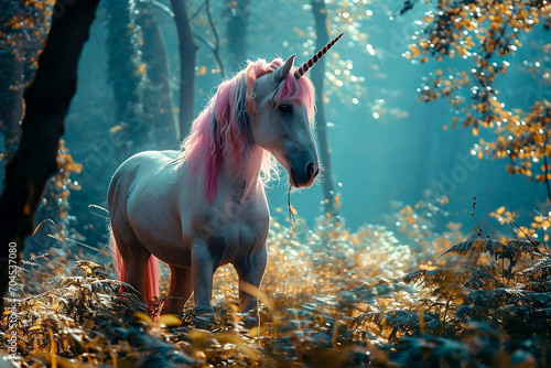 A white unicorn with a pink mane in a fairy tale forest
