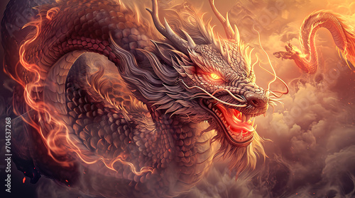 wallpaper of Chinese new year 2024 year of the dragon. Chinese zodiac symbol on dramatic fantasy background. Traditional Religion and culture of Chinese New Year festival celebration photo