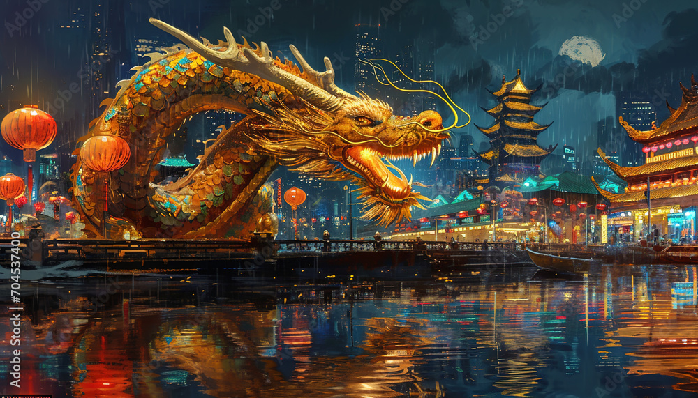 Obraz premium chinese new year golden dragon, generative ai