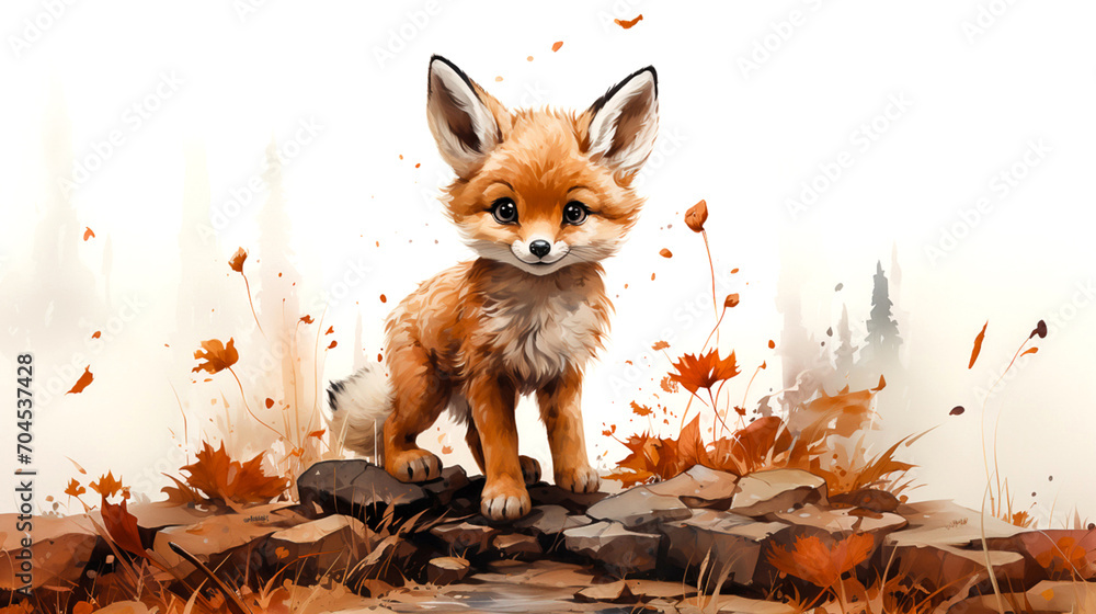 Obraz premium Colorful watercolor illustration of cute baby fox. Little fox in a natural environment.