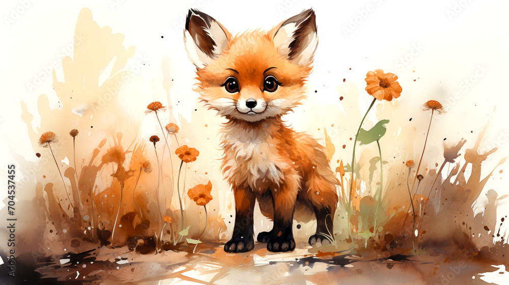 Obraz premium Colorful watercolor illustration of cute baby fox. Little fox in a natural environment.