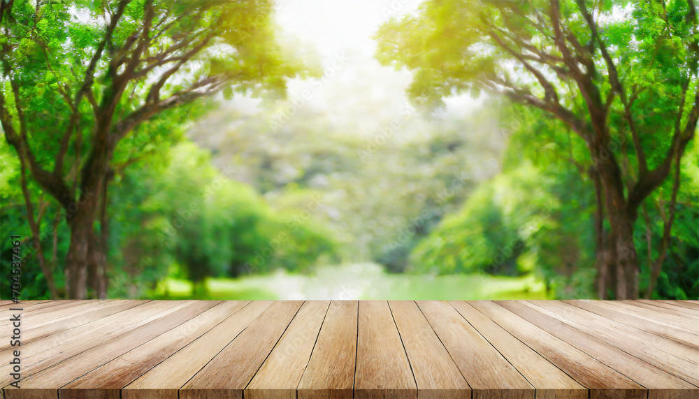 Empty wood table top over blur green forest background, product display montage Empty wood table top over blur green forest background, product display montage