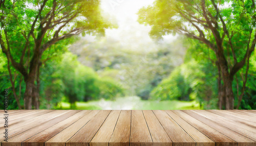 Empty wood table top over blur green forest background  product display montage