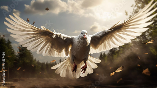 a white dove flies against the background of nature. ai generated