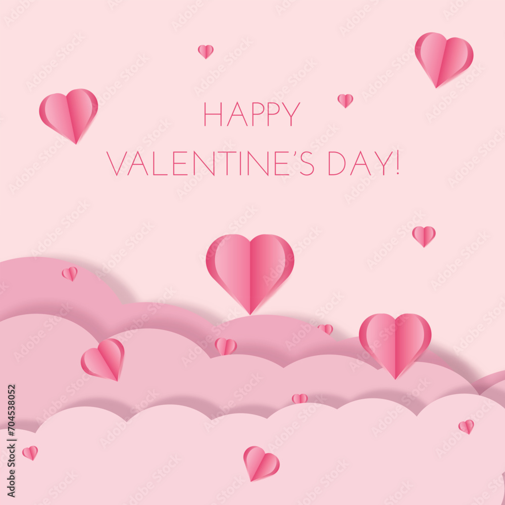Valentine's Day card with pink sky and paper cut style. Place for text editable. Happy Valentine's day  template with hearts, banner, cover, poster, flyer. pink color, pastel