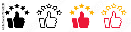 Thumb up with five stars set icons, best rating satisfaction, high customers service, user experience best customer feedback - vector