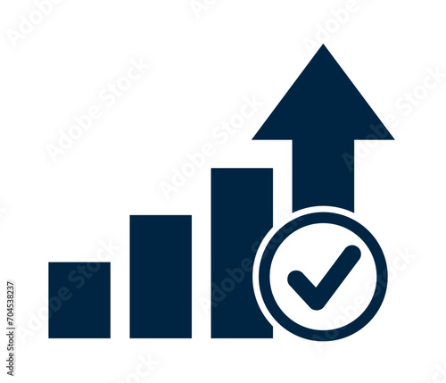 Graph diagram up icon, business growth success chart with arrow and check mark, concept of achieving set goals, business bar sign, profit growing symbol, progress bar symbol, growing graph icon