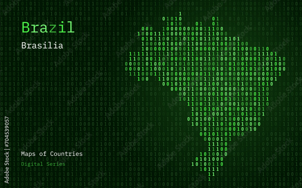 Brazil Green Map Shown in Binary Code Pattern. TSMC. Matrix numbers, zero, one. World Countries Vector Maps. Digital Series Brazil Green Map Shown in Binary Code Pattern. TSMC. Matrix numbers, zero, one. World Countries Vector Maps. Digital Series