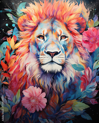 Floral Majesty: A Lion Amidst Blossoms,portrait of a lion photo