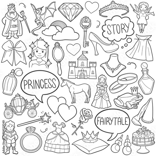 Princess Doodle Icons Black and White Line Art. Fairytale Clipart Hand Drawn Symbol Design.