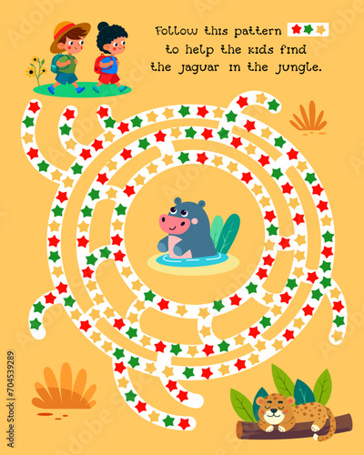Maze for kids. Activity and Education. Puzzle game for children. Cute cartoon characters. Follow the pattern to help the kids find the jaguar in the jungle. Vector illustration. 
