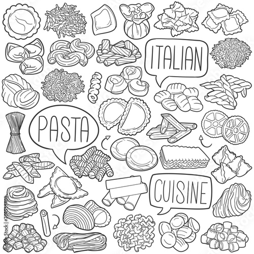 Pasta Doodle Icons Black and White Line Art. Italian Food Clipart Hand Drawn Symbol Design.