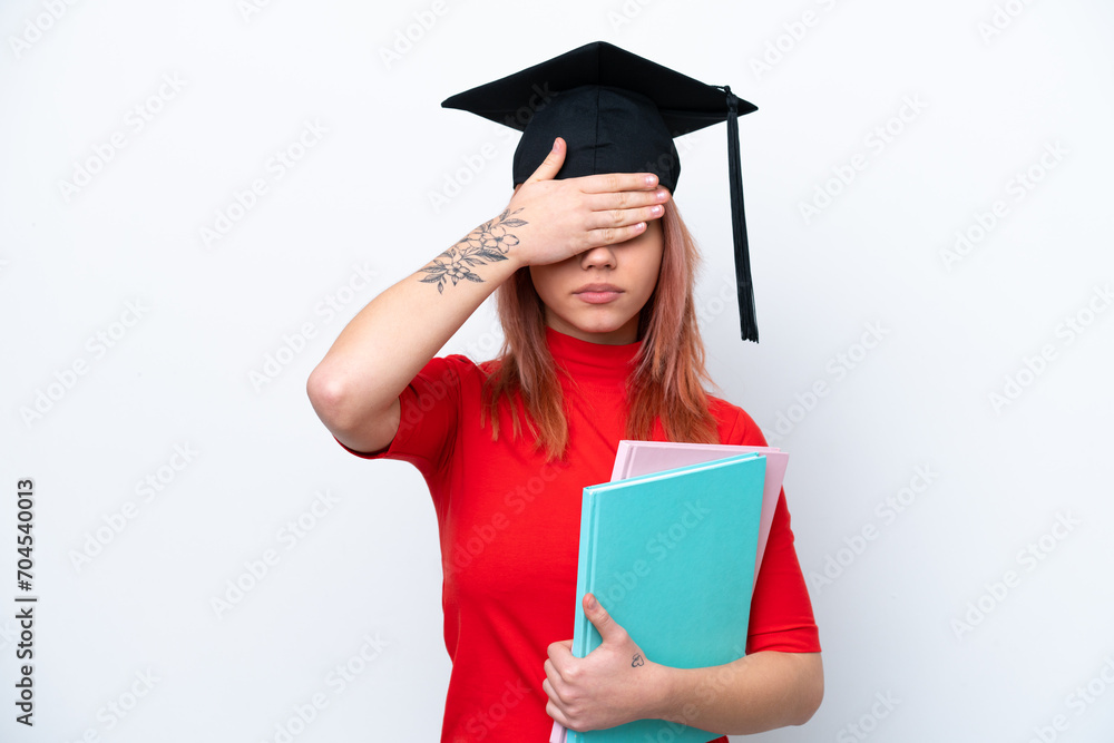 Young student Russian girl isolated on white background covering eyes by hands. Do not want to see something Young student Russian girl isolated on white background covering eyes by hands. Do not want to see something