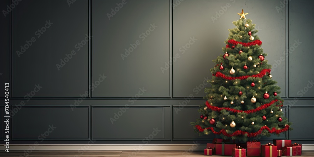Festive room with lovely evergreen tree