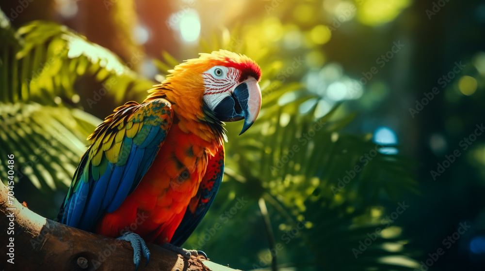 Beautiful parrot on tropical forest background, AI Generative.