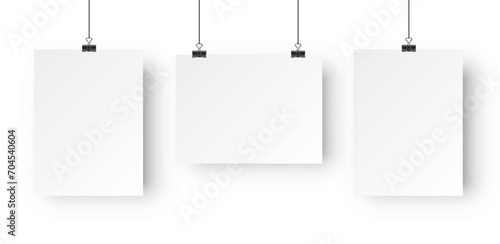 Blank A4 posters hanging list with shadows. Hanging white paper on binders. A4 paper page mockup sheet - stock vector photo