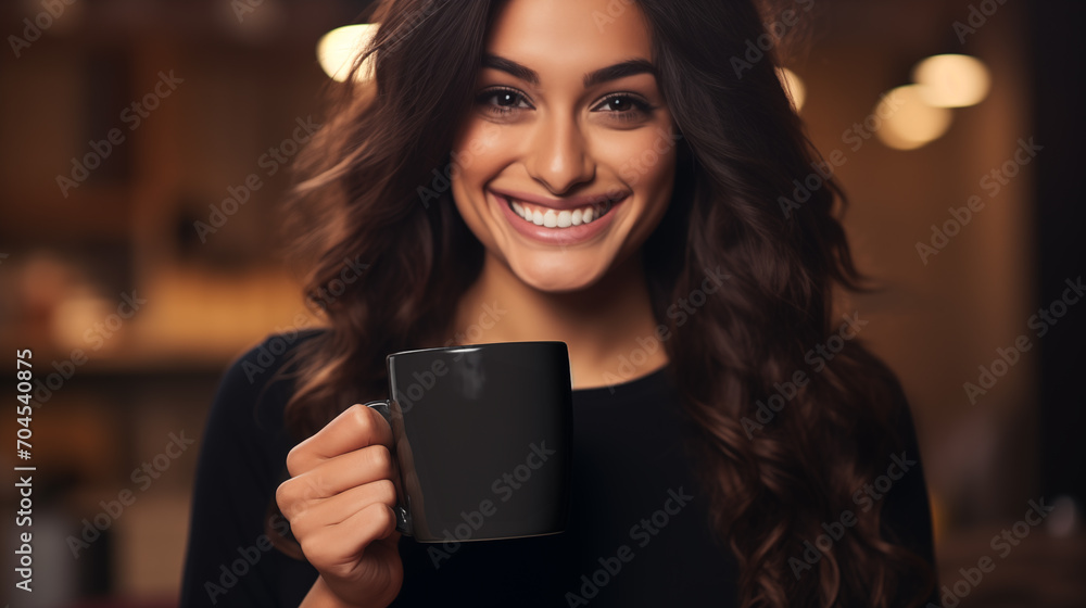 Mug mockup, beautiful woman with long hair holding a black mug and smiling Mug mockup, beautiful woman with long hair holding a black mug and smiling