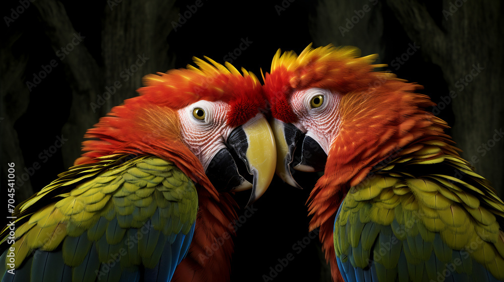 Beautiful parrot on tropical forest background, AI Generative.