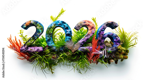 Happy New Year, Happy 2026, New year inscription "2026" Written with colorful seaweed and aquarium plants on a isolated white background, Generative Ai