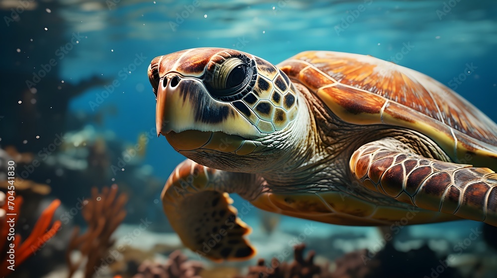 Obraz premium Loggerhead sea turtle swimming in the ocean generative ai