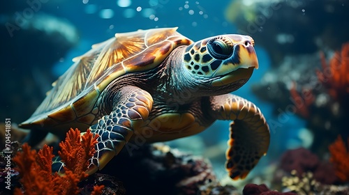 Loggerhead sea turtle swimming in the ocean generative ai