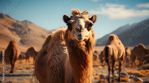 A camel in a mountainous landscape with clear blue sky generative ai photo