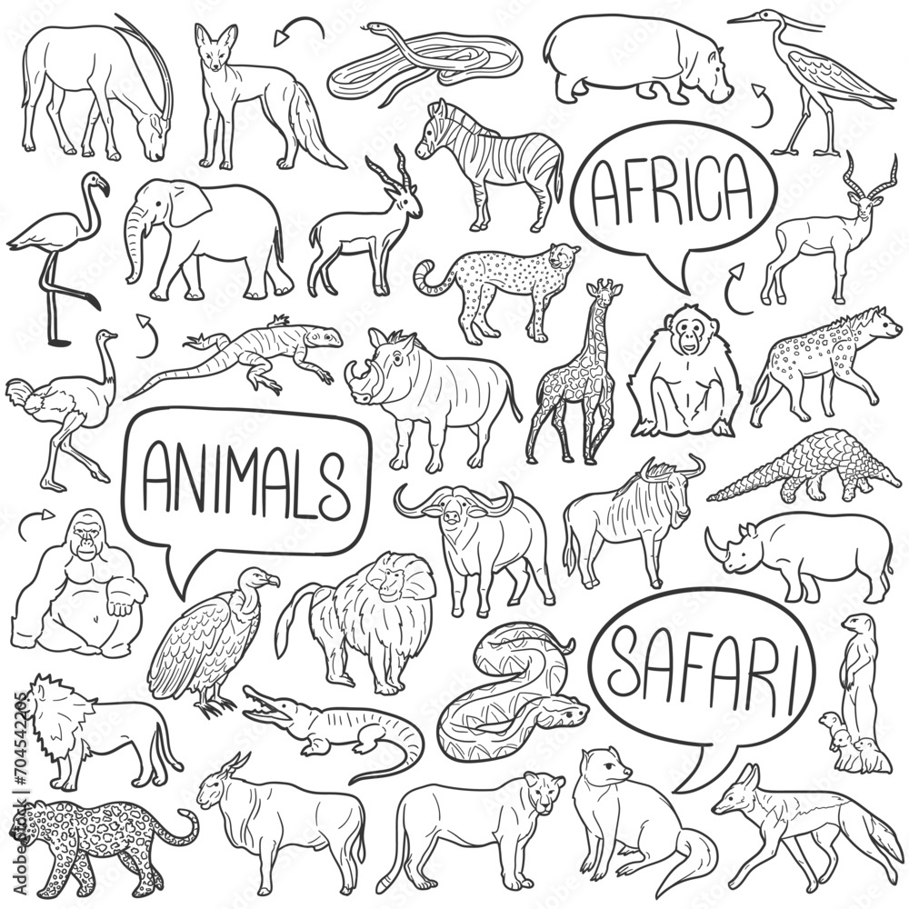 Safari Doodle Icons Black and White Line Art. Animals Clipart Hand Drawn Symbol Design. Safari Doodle Icons Black and White Line Art. Animals Clipart Hand Drawn Symbol Design.