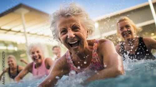An elderly woman on a beautiful sunny day in the pool with her friends and with an incredibly joyful expression actively spends her free time despite her age #704542279